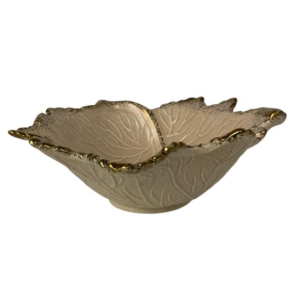 Vintage California Pottery Leaf-Shaped Bowl Pink Gold Trim 105 Mid Century USA - Picture 5 of 7